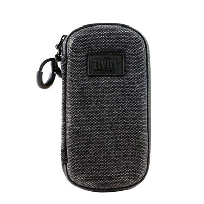 Bolsa pequena cinzenta escura com fecho zip e etiqueta RYOT