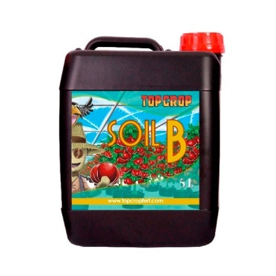 Recipiente preto de 5 litros com rótulo colorido de fertilizante Soil B e tampa vermelha.