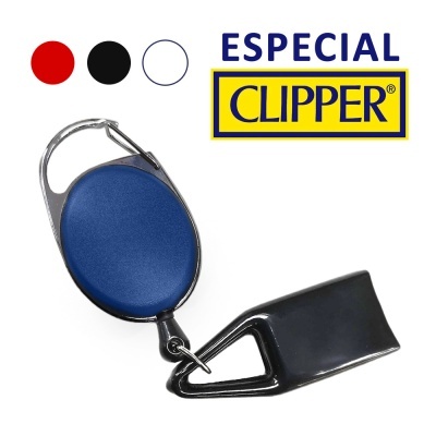 Chaveiro retrátil azul com clip preto e estrutura metálica