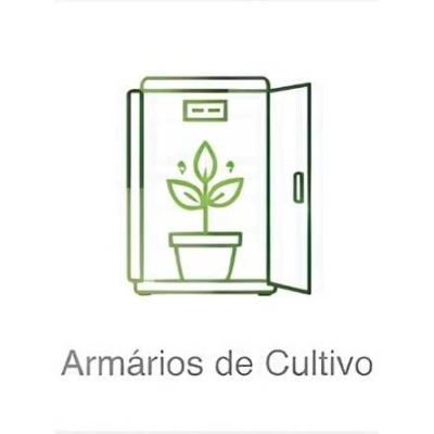Ícone de armário de cultivo com planta em vaso e texto Armários de Cultivo