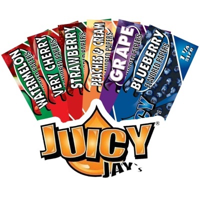 Seis embalagens coloridas de papéis aromatizados JUICY JAY'S em leque