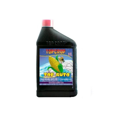 Frasco preto de plástico com etiqueta colorida de milho e texto TOP CROP 1L TOP AUTO