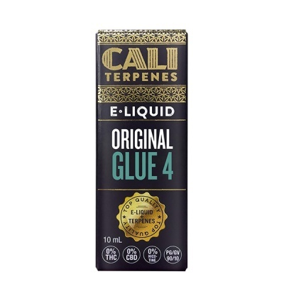 Embalagem preta e dourada de e-líquido CALI TERPENES Original Glue 4