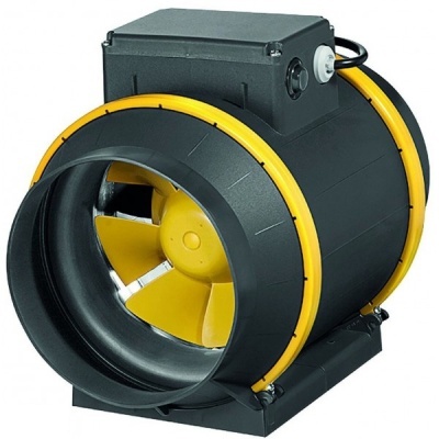 Ventoinha axial industrial preta e amarela com motor e interruptor
