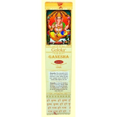 Embalagem de incenso Goloka Ganesha aarti com imagem de Ganesha e texto explicativo