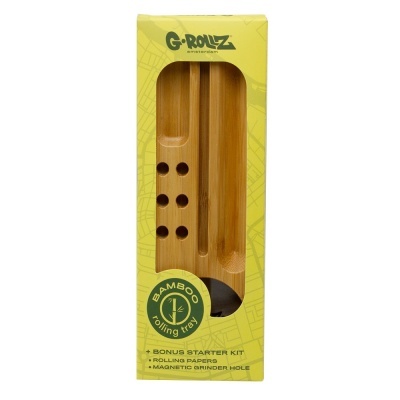 Tabuleiro para enrolar em bambu em embalagem amarela com texto G-ROLLZ BAMBOO rolling tray