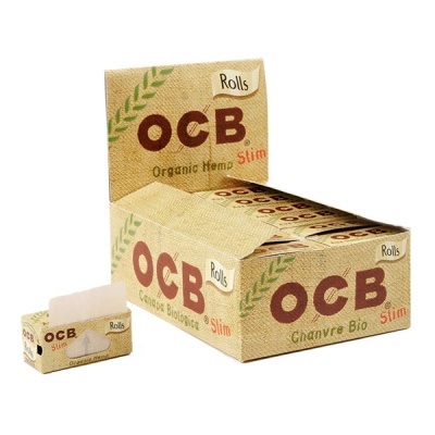 Embalagem de papel de enrolar OCB Rolls Slim cânhamo biológico em caixa castanha com texto vermelho e verde