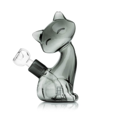 Frasco de vidro cinza translúcido em forma de gato sentado