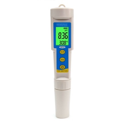 Medidor digital de pH e temperatura com visor digital e botões amarelos