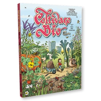 Capa do livro Coltivare Bio com ilustração de jardim e personagens em banda desenhada