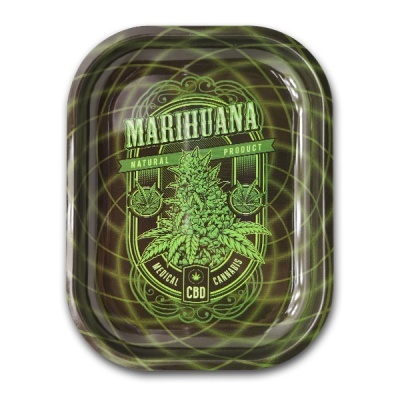 Tabuleiro metálico com design de planta de marijuana e texto relacionado
