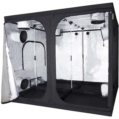 Tenda de cultivo interior preta com interior refletor prateado e ventilação