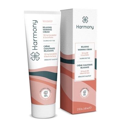 Creme relaxante e aquecedor Harmony 60 ml com embalagem nas cores rosa, verde e branco