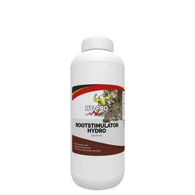 Frasco branco de HY-PRO Rootstimulator Hydro com etiqueta colorida mostrando raízes