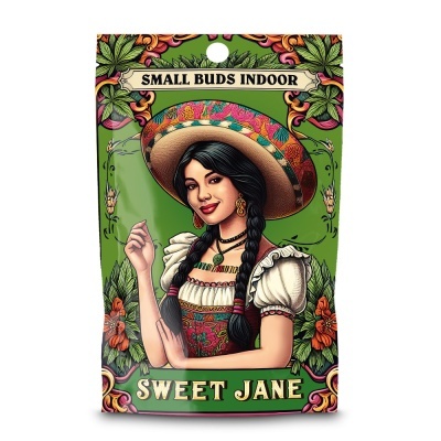 Embalagem verde com ilustração colorida de mulher com chapéu e texto Small Buds Indoor e Sweet Jane
