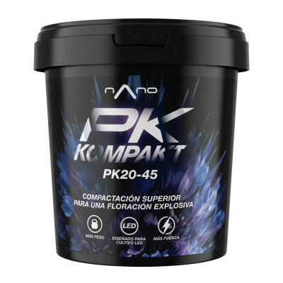 Embalagem preta de produto PK KOMPAKT com texto e padrão floral azul e roxo