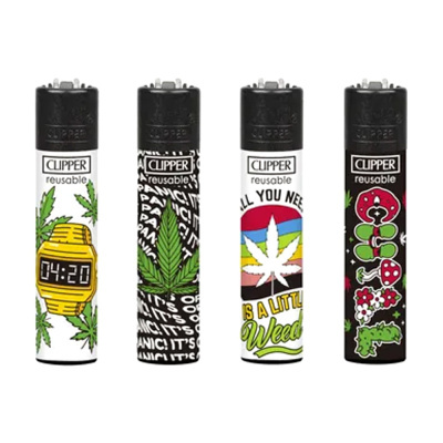 Quatro isqueiros Clipper com temas de cannabis e cores variadas