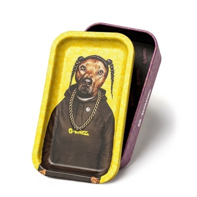 Tabuleiro metálico com imagem de cão vestido com hoodie e colar