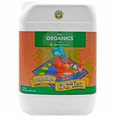 Recipiente branco com rótulo laranja e verde e texto ORGANICS Big Mikes OG Tea
