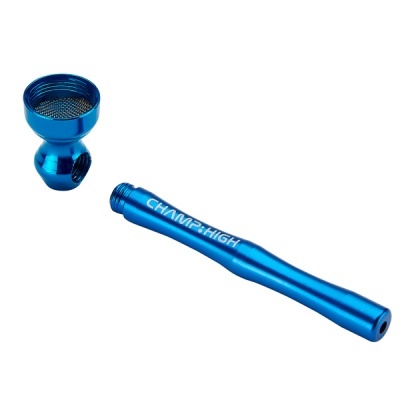 Cachimbo azul metálico desmontável com o texto CHAMP:HIGH