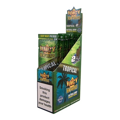 Embala Juicy Hemp Wraps Tropical com duas folhas para enrolar, com aviso de saúde em verde e azul