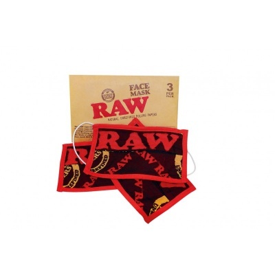 Máscaras faciais RAW vermelhas e pretas e embalagem castanha