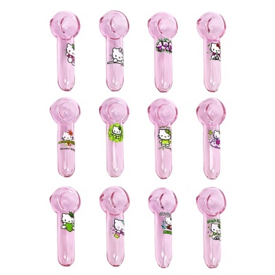 Doze cachimbos de vidro rosa com ilustrações de personagens tipo Hello Kitty