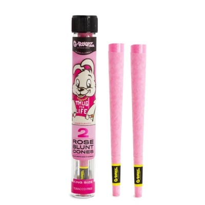 Conjunto de 2 cones de papel rosa king size em tubo transparente com tampa preta e texto de marca