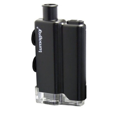 Microscópio portátil preto com base transparente e marca Lumagny