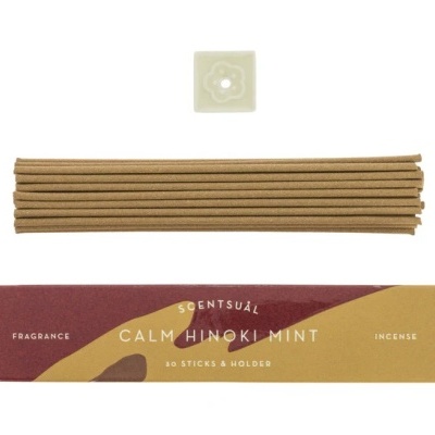 Conjunto de incenso SCENTSUAL CALM HINOKI MINT com 30 varetas e suporte cerâmico branco