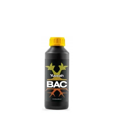 Frasco preto com tampa amarela e rótulo Yuccah BAC