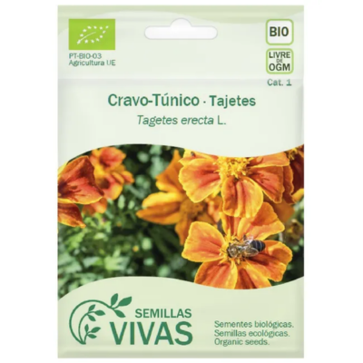 Pacote de sementes Cravo-Túnico com flores laranja e abelha, selo BIO e marca SEMILLAS VIVAS