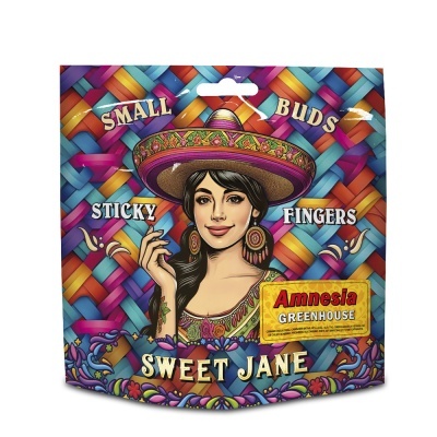 Embalagem colorida com mulher de sombrero e texto Small Buds, Sticky Fingers, Amnesia Greenhouse, Sweet Jane
