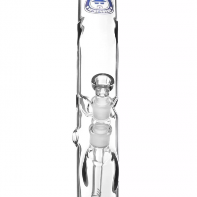 Bong de vidro transparente com detalhes azuis e logo Hydrogenesis