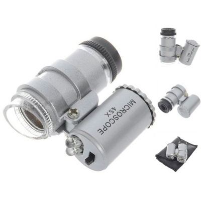 Microscópio portátil metálico cinza 45X com saco preto