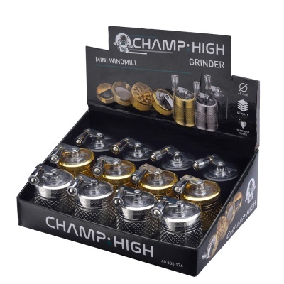 Móbiles manuais metálicos cinza e dourados em caixa preta com texto CHAMP HIGH e informações do produto