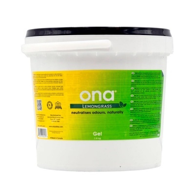 Baldes brancos com tampa preta de Gel ONA Lemongrass 3,8 kg com etiqueta verde e amarela