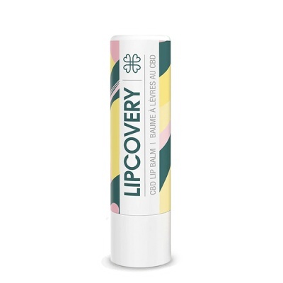 Bálsamo labial LIPCOVERY com rótulo colorido e texto em branco
