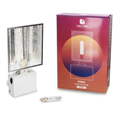 Kit de iluminação para plantas com refletor metálico e lâmpada, ao lado da caixa roxa