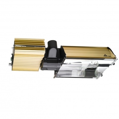 Luminária industrial dourada com refletor transparente e suporte preto