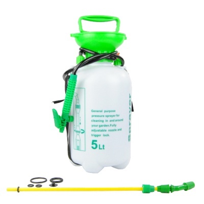 Pulverizador de pressão branco e verde com tubo amarelo e anéis de vedação.