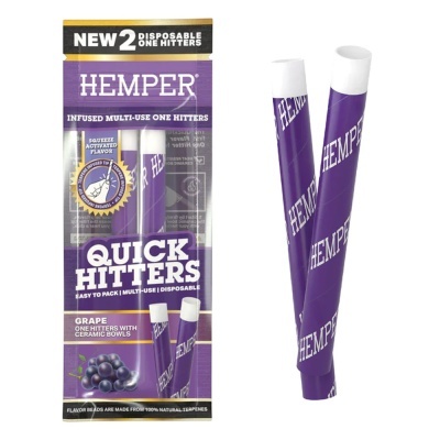 Pacote com dois tubos descartáveis roxos HEMPER QUICK HITTERS sabor grape com tampas brancas.