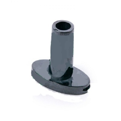 Peça de suporte em plástico preto com base oval e tubo cilíndrico.