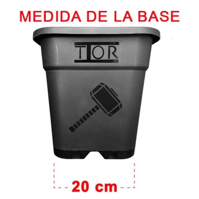 Vaso de plástico cinzento escuro com padrão de martelo preto e texto TOR