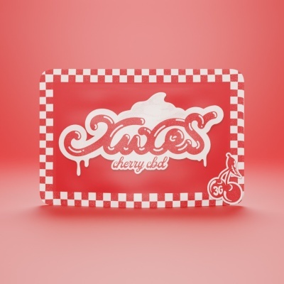 Embalagem vermelha com padrão xadrez e texto branco Xayas cherry cbd e imagem de cerejas.