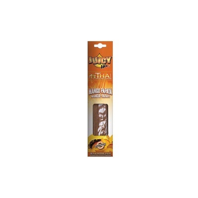Embalagem de papel laranja e amarelo com cigarro enrolado e texto JUICY JAY'S THAI MANGO PAPAYA