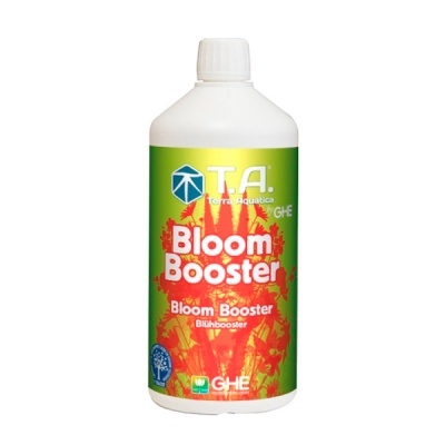 Frasco branco de Bloom Booster com etiqueta verde, vermelho e amarelo e texto branco