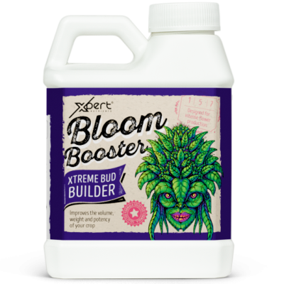 Recipiente branco com rótulo roxo e ilustração de planta verde