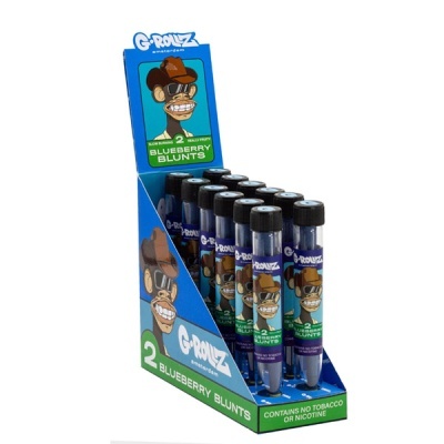 Expositor azul com tubos G-ROLLZ Blueberry Blunts e imagem de macaco