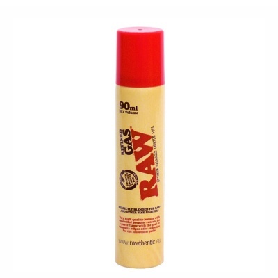Frasco amarelo com tampa vermelha de gás para isqueiro RAW 90ml